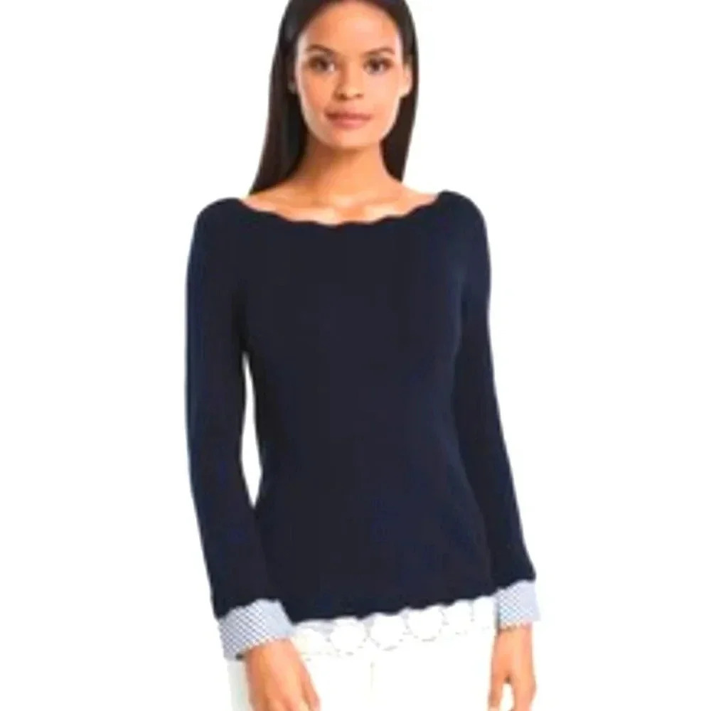 White House Black Market Navy Sweater  Stripe Trim Nautical‎ Lace Size XSP